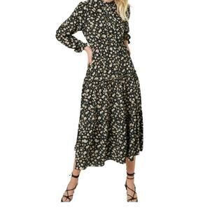 Hayden Los Angeles Black Floral Midi Dress Ruffle Front Women’s Size M